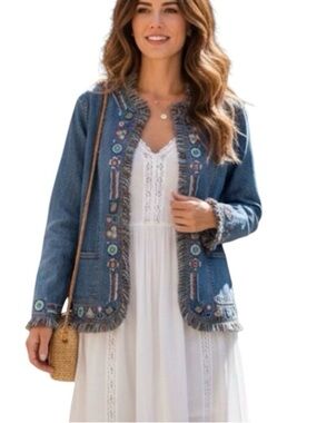 Women’s Boho Embroidered Denim Fringe Jacket Blue Jean Embellished Western Med